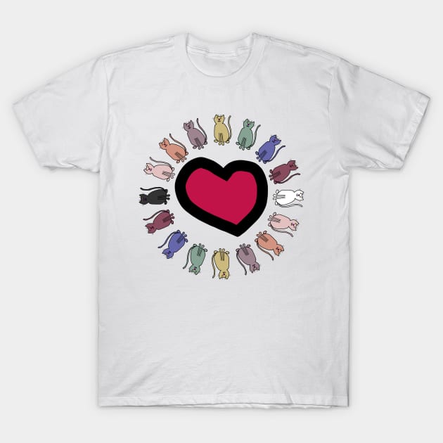 Circle of Balanced Rainbow Cats Around Valentine Heart T-Shirt by ellenhenryart